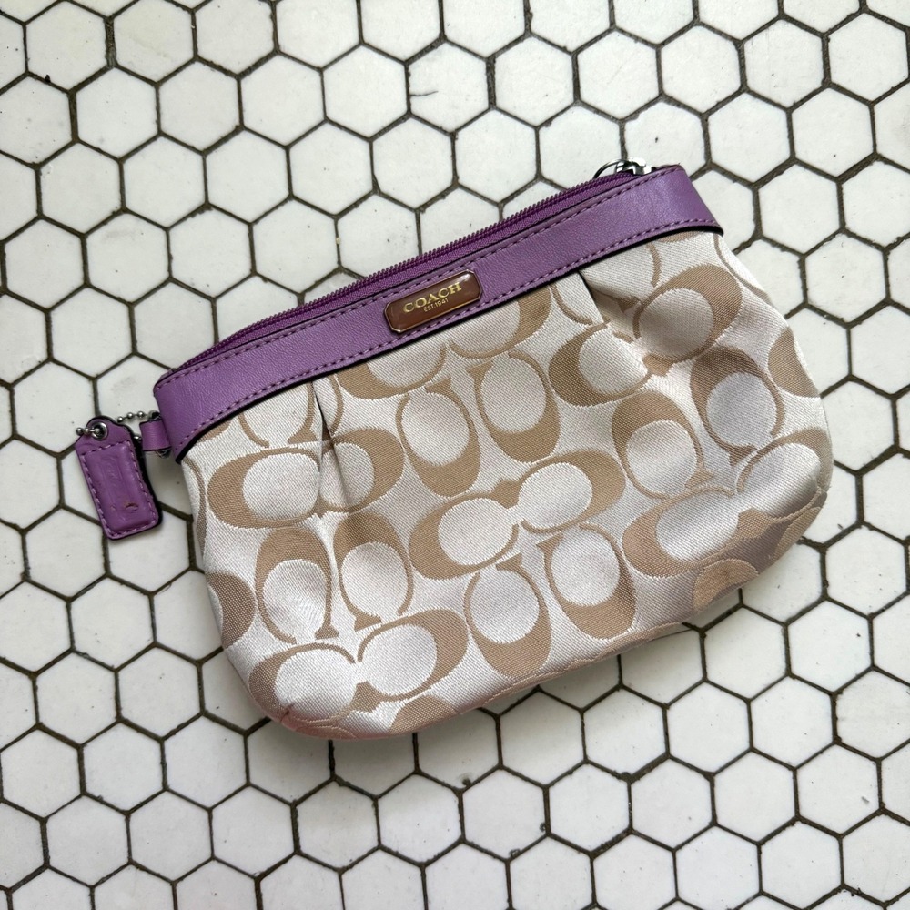 Coach Wristlet Purple Small Signature C Jacquard Monogram Pleated Pouch